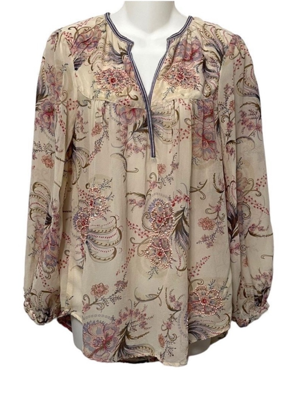 SUNDANCE Jungle Paisley Floral Rasvana Beaded Silk Popover Blouse M